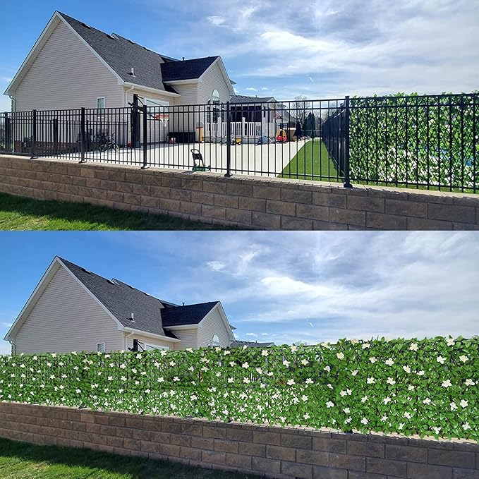 Expandable Fence Privacy Screen for Balcony Patio Outdoor,Decorative Faux Ivy Fencing Panel,Artificial Hedges (Single Sided Leaves) (1, White Flowers)
