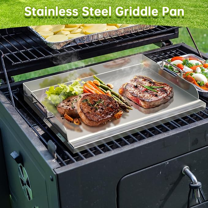 Universal Stainless Steel Griddle Flat Top Plate with Even Heating Bracing for BBQ Charcoal and Gas Grills, Camping, Tailgating, and Parties,with Grease Groove and Removable Handles (23" x 16")