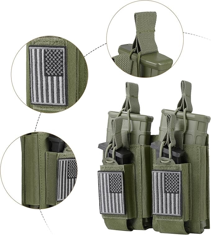 Open-Top Single/Double/Triple Molle Mag Pouch for 5.56mm M4 M16 AK AR Glock M1911 9mm Elastic Rifle Magazines Pistol Mag Pouches Holder Carrier with USA Flag Patch