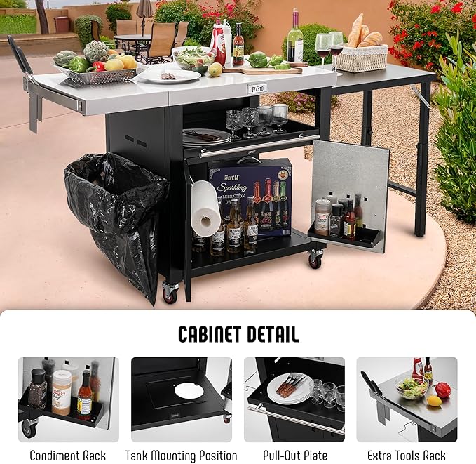 Grill Table,Outdoor Kitchen with Cabinet Outdoor Grill Table with 2 Foldable Side Tables Stainless Steel Top for Outdoor Kitchen Cabinets, Bar Cart, Movable Grill Cart with Pull-Out Plate, L74”x W24”