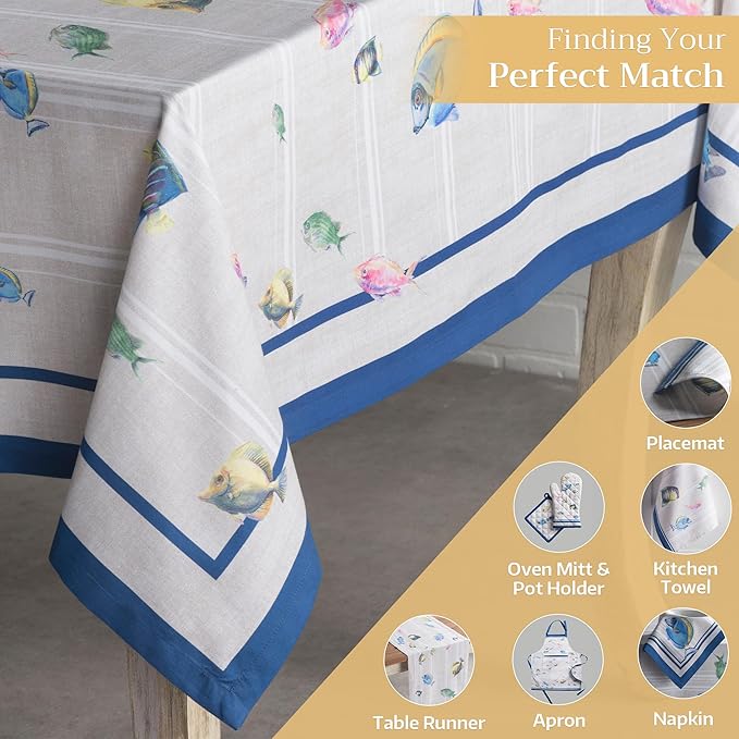 Maison d' Hermine Table Cloth Square Table 100% Cotton 60 x 60 Inches Tablecloth Reusable Decorative Everyday Use for Dining Room, Farmhouse, Home, Party, Festive & Wedding Spring Summer - Poisson