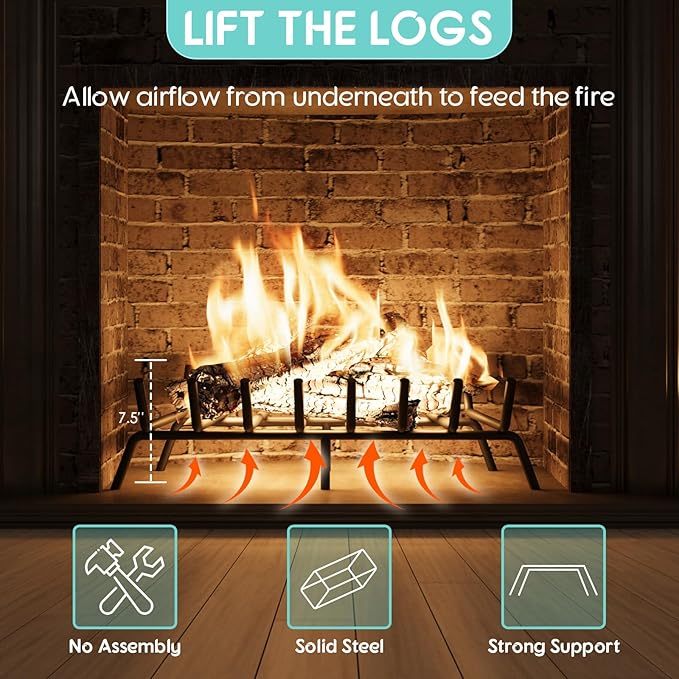 30-Inch Fireplace Grate, Heavy Duty 8-Bar Log Rack Holder Made of Solid Round Steel for Indoor/Outdoor Fire Pits, Wood Stoves & Kindling Tools