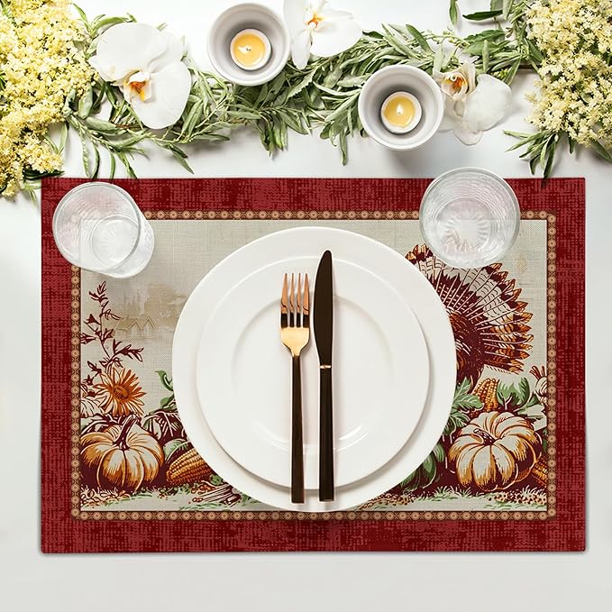 Giwawa 4PCs Thanksgiving Placemats 12x18 Inch Fall Harvest Turkey Autumn Pumpkin Sunflowers Corn Place Mat Non Slip Heat Resistant Table Mats for Kitchen Dining Tabletop Holiday Farmhouse Decor