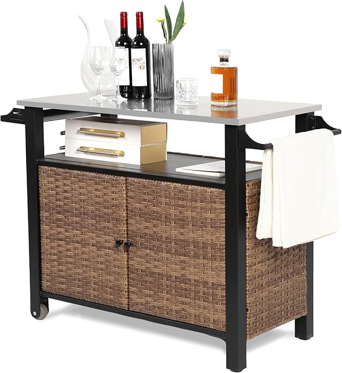 Patio Grill Cart with Wicker Storage, Outdoor Kitchen Island Serving Cart with Stainless Steel Table Top, Outdoor Prep Table and Rolling Wheels, for BBQ, Patio, Brown