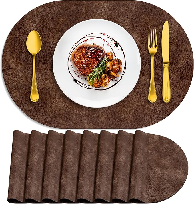 ADRIMER Placemats, Heat Resistant Oval Placemats Set of 8 Washable 12 x 17 Inch, Waterproof Table Mats, Wipeable Pu Place Mats for Kitchen, Dining Room, Brown