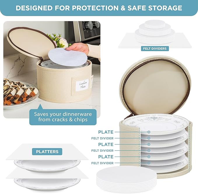 China Storage Hard Shell Containers 12-Piece Set Moving Boxes for Dinnerware, Glasses, Plates, Mugs and Saucers Sturdy Dish Organizer with Dividers for Seasonal Storage - Service for 12 - Beige