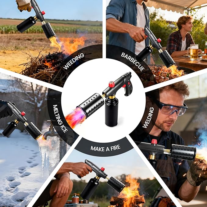 Propane Torch, Cooking Blow Torch Gun with a Safety Lock, Charcoal Lighter, Flame Thrower, Kitchen Food Torch Head for Grill, Sous Vide, BBQ (Tank Not Included) (Golden)