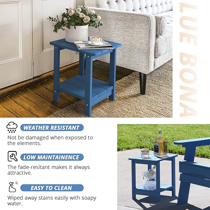LUE BONA Adirondack Outdoor Side Table, 2-Tier Navy Blue HDPS Patio End Table Weather Resistant, Morden Side Table for Patio, Pool, Porch