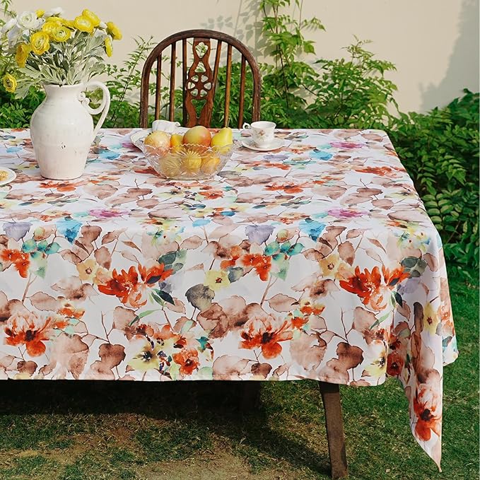 Rectangle Outdoor Tablecloth 60 x 108 Inch, Spillproof Waterproof Tablecloth, Durable Floral Print Pattern Farmhouse Table Cover for Dining, Party, Easter, Orange Flower