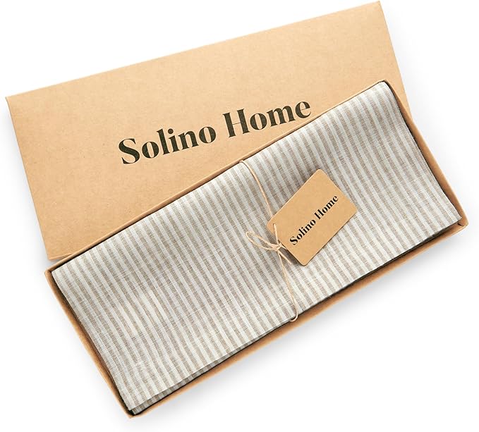 Solino Home Linen Table Runner 90 Inches Long - Narrow Stripe, 100% Pure Linen Natural and White Farmhouse Table Runner 14 x 90 Inch for Dining, Spring, Easter