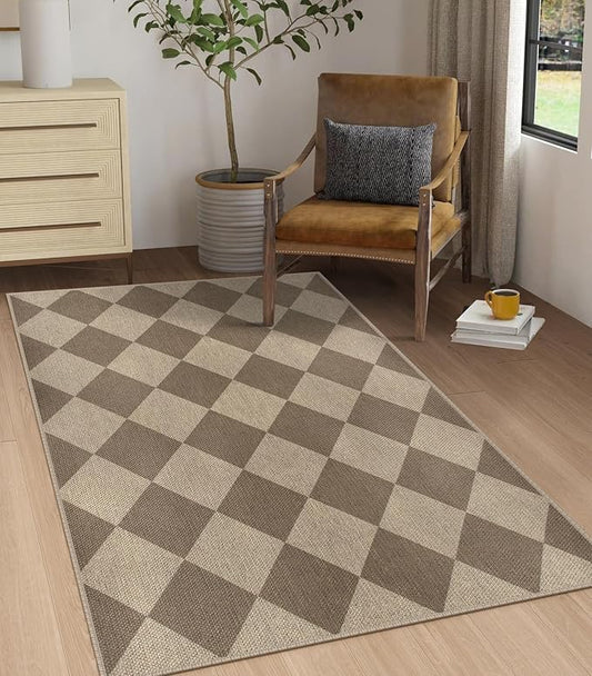 Easy Jute Checkered Area Rug, 3x5 Indoor Outdoor Entryway Rug Washable Brown Modern Diamond Kitchen Rugs, Non-Slip Neutral Farmhouse Throw Carpet for Living Room Patio Kids Room