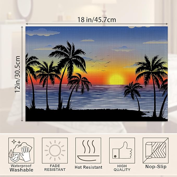 Tropical Landscape Placemats Set of 6,Palm Trees Sunset Seascape Exotic Linen Washable Kitchen Dining Table Mats Heat Resistant Place Mats for Home Party Indoor Holiday 12x18 Inch