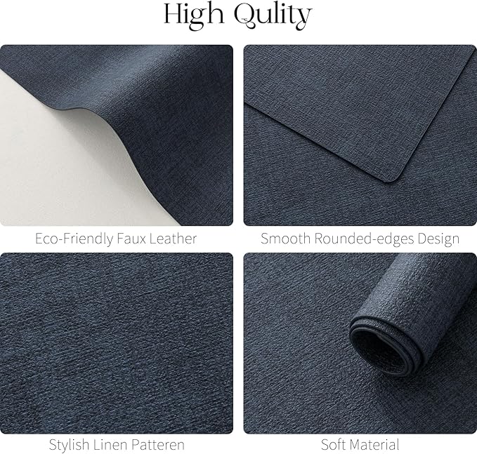 MOSAYT Placemats Set of 8, Heat Resistant Vinyl Place Mats with Coasters, Wipeable Washable 100% Waterproof Oil Proof Faux Leather Table Mats for Kitchen Dining Party Outdoor, 12" x 17", Navy Blue