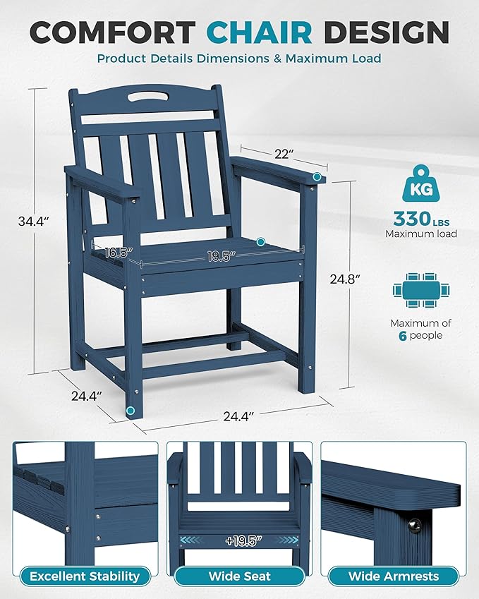 Ciokea HDPE Outdoor Dining Set, 7-Piece Patio Table and Chairs Set with Umbrella Hole, All-Weather Patio Dining Sets for 6, Durable Patio Furniture for Backyard, Garden, Lawn & Poolside, Navy Blue