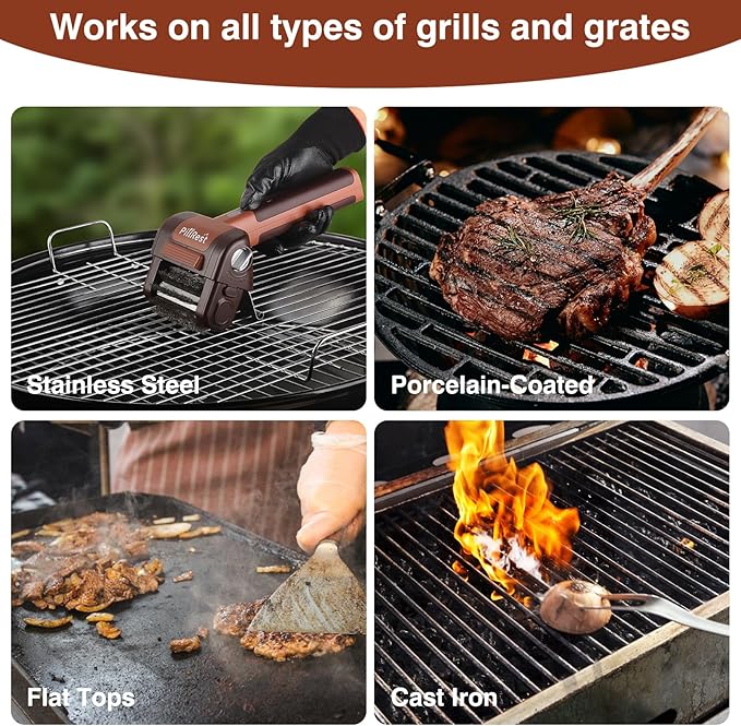 Electric Grill Brush, Cordless Rechargeable Grill Cleaner with LED Light - 950 RPM Spinning 304 Stainless Steel Head, Dishwasher-Safe BBQ Tool for Outdoor Grills