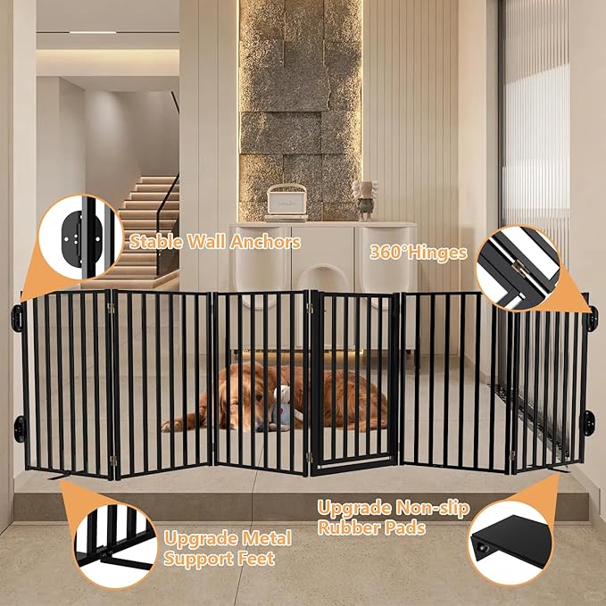 Full Metal Freestanding Dog Gates with Door, 32" Height Dog Fences for Indoor & Outdoor, Extra Wide Foldable Pet Gates for Stairs, Hallways, Doorways, Yard (6 Panels, 120" W × 36" H)
