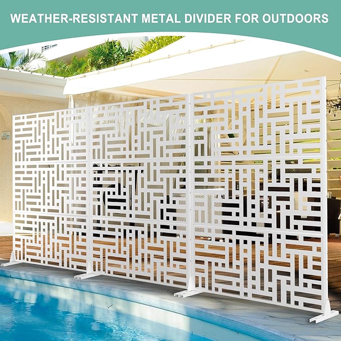 Metal Privacy Screen for Outdoor & Indoor Use, Free Standing Privacy Screen for Patio Garden Pool, 72" H x 47" W Decoative Privacy Panels, Weather Resistant, Easy Assembly (White Helen Street)