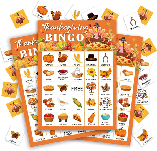 Thanksgiving Bingo Game Cards, Autumn Party Games, 24 Players Thanksgiving Bingo Games for Teens Adults, Thanksgivings Game Supplies for Family Classroom