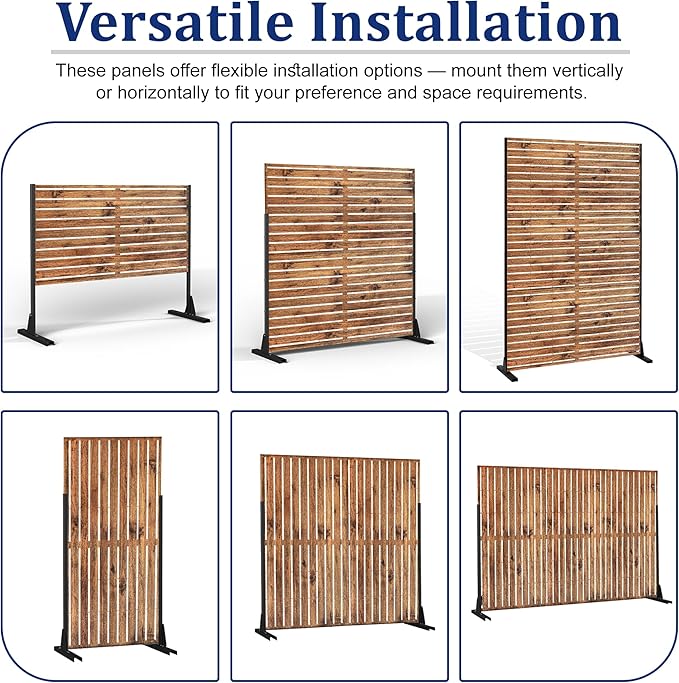 Metal Privacy Screen Outdoor 72" H×47" W Natural Wood Brown Patio Privacy Screen, Freestanding Decorative Privacy Screen for Deck Balcony Patio
