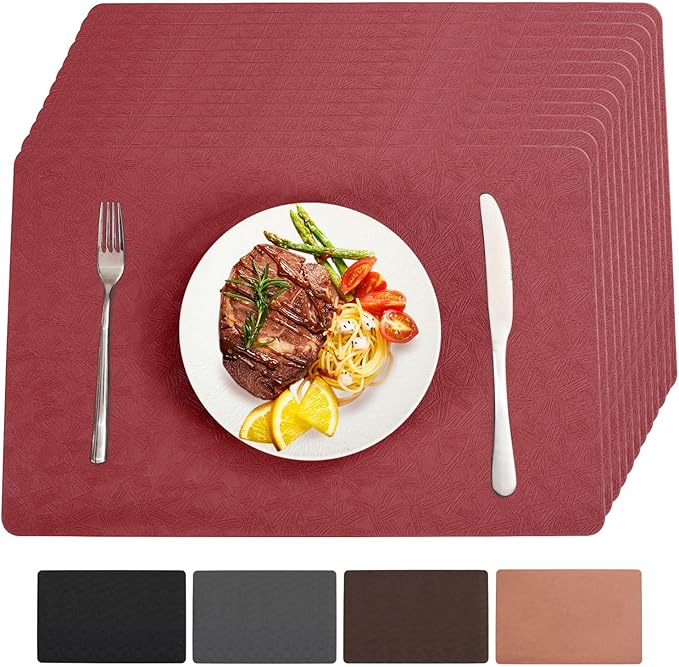 Vinyl Placemats Set of 12 Heat Resistant Easy Clean Non-Slip Place Mats for Dining Table. Faux Leather Waterproof Stain Resistant Wipeable Washable PVC Table Mats(12, Red)