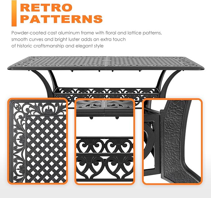 NUU GARDEN 60" Outdoor Dining Table with 2.09" Umbrella Hole, All Weather Cast Aluminum Outdoor Patio Table, 6-8 Person Rectangle Dining Table, Backyard Bistro Table for Garden, Poolside, Black