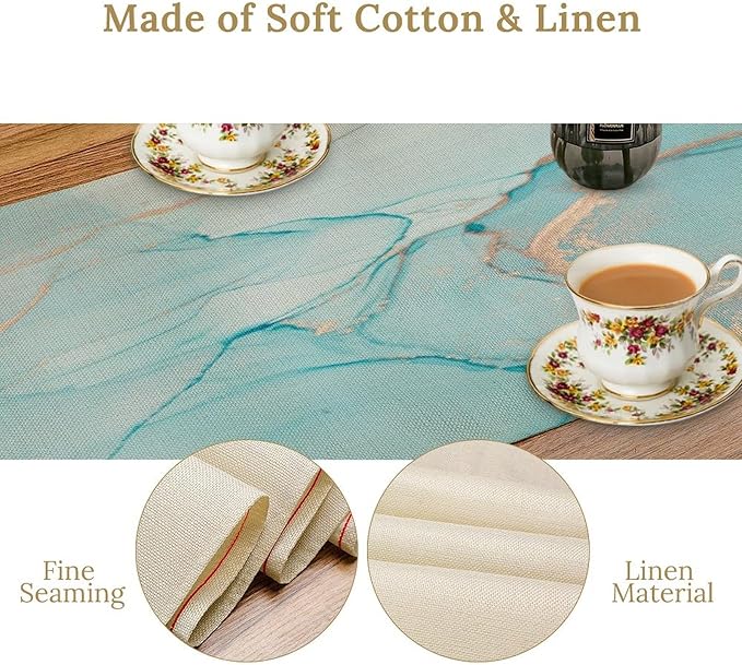 Turquoise Aqua Marble Table Runner, Modern Teal Watercolor Print Table Runner for Coffee Dining Party Wedding Kitchen 13x90in