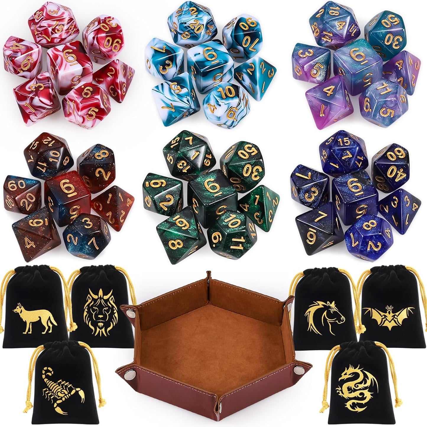 CiaraQ DND Dice Set, Double-Colors Polyhedral Dice (42 Pieces) with 6 Pattern Bags and PU Leather Tray for Dungeons Dragons D&D RPG MTG Table Games