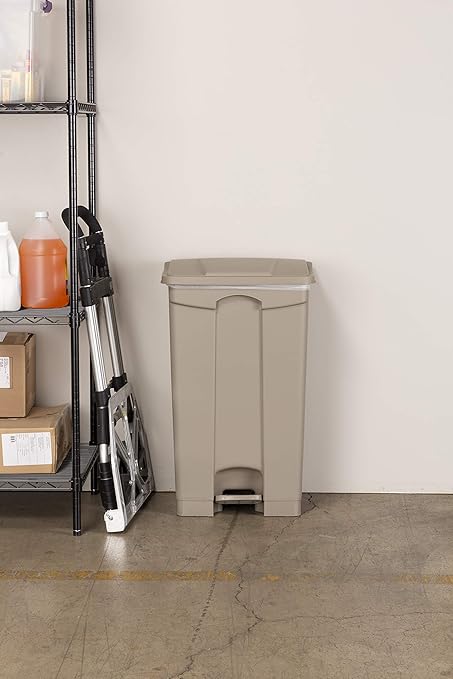 Safco Step On Plastic Trash Can with Foot Pedal, 17 Gallon Garbage Can for Kitchen, Indoor or Outdoor Use, Hands Free, Tan