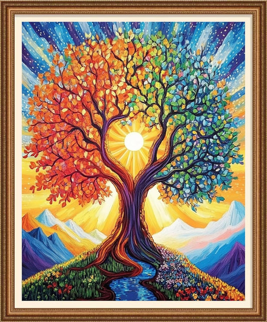 Disnesart Cross Stitch Stamped Full Embroidery Kits DIY 11CT Cotton Thread Printed DIY Needlepoint Kits Craft Needlework Set Cross-Stitch Stamped Sets-Tree of Life Sun 16x20 inch