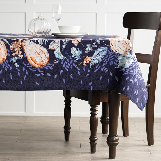 Maison d' Hermine Table Cloth Rectangle Table 100% Cotton 54 x 72 Inches Fall Tablecloth Reusable Everyday Use for Thanksgiving Christmas Decorations Dining Farmhouse Party (Pumpkin Blues)