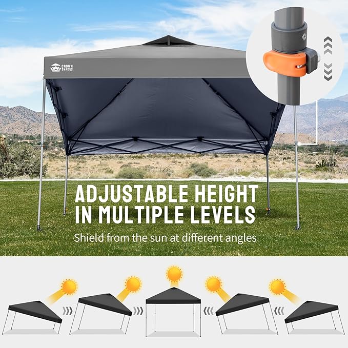 CROWN SHADES Adjustable Height on The Fly, 10x10 Pop Up Canopy - Beach Tent with One Push Setup - Easy Outdoor Sun Shade for Events, Parties, Camping - Outside Shade with STO-N-Go Bag, Grey