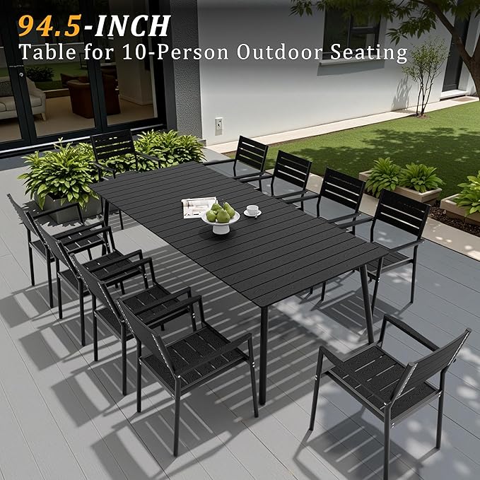 95" Patio Outdoor Dining Table for 8-10, Weather-Resistant Wood-Grain Top with Aluminum Frame & Umbrella Hole for Deck Gatherings, Black