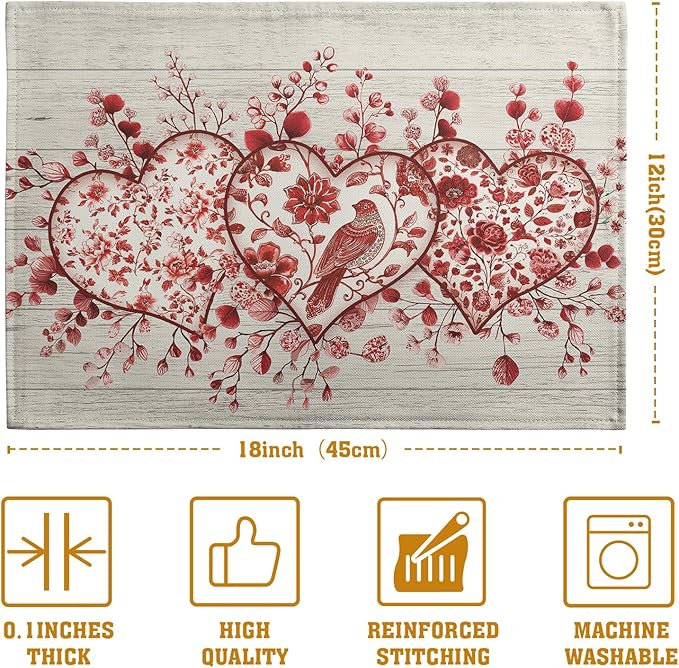 Valentine Wooden Heart Placemats Set of 4, 12x18 Inch Valentines Chinoiserie Red Floral Dining Table Placemats Heat Resistant Washable Table Mats for Kitchen Dining Holiday Indoor