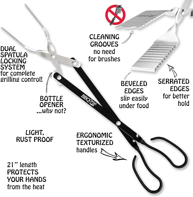 3-in-1 Barbecue Tool 21-inch by BBQ Croc - Extra Light and Xtra Long Tongs, Spatula and Grill Scraper (Black)