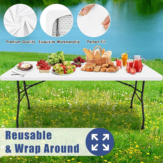 Spandex 8 Foot Rectangle Table Cloth 6 Pack, Elastic Fitted Tablecloths for Picnic, Stretch Washable Patio Table Cover for Outdoor, Camping, Banquet and Parties (White, 30"x96")