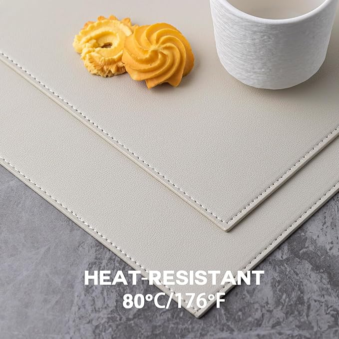 Faux Leather Placemats Set of 12 Vinyl Washable Wipeable Table Mats for Kitchen Dining Table Heat Resistant Waterproof Modern Indoor/Outdoor Placemats Non-Slip Easy Clean Place Mat Cream White
