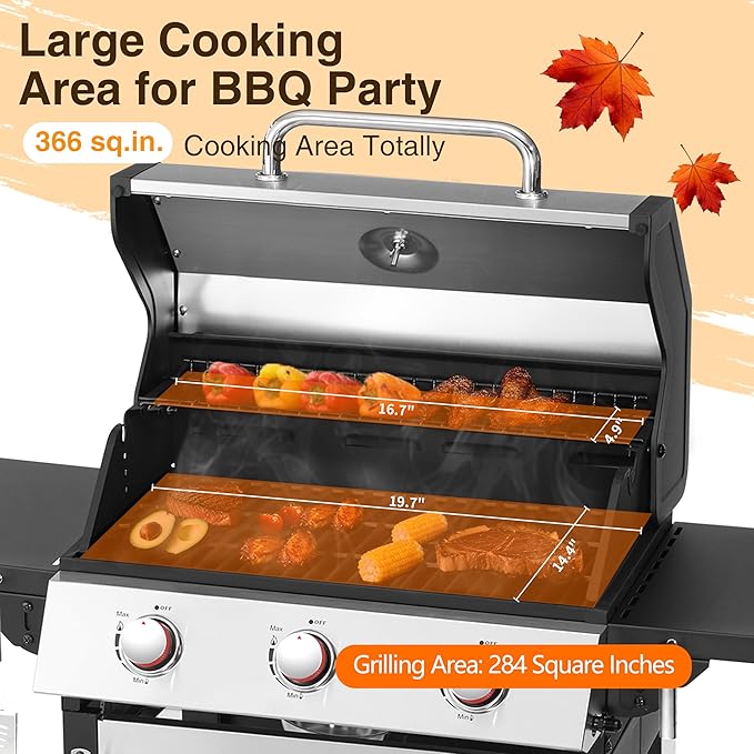 Propane Gas BBQ Grill, Upgraded 30,000 BTU Stainless Steel Barbecue Grill with Foldable Side Tables, Spice Rack & Wheels for Outdoor Cooking(3 Burner grill)