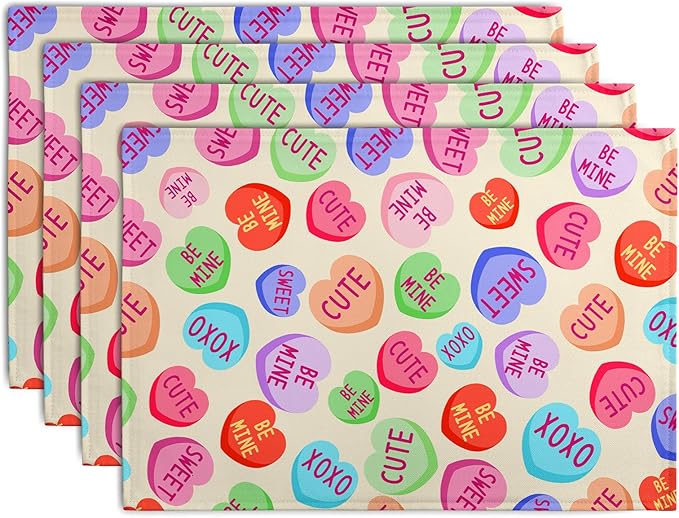 Valentine Pink Love Heart Candy Placemats Set of 4 Valentines Seasonal Table Mats Resistant Washable Dinner Mats for Outdoor Home Party Kitchen Dining 12x18 Inch