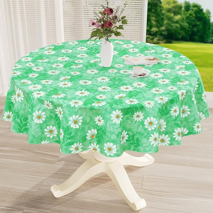 misaya Round Waterproof Vinyl Table Cloth, Wipeable Tablecloth with Flannel Backing, Plastic Table Cover for Dinner, Picnic, Indoor and Outdoor (Green Daisy, 60")