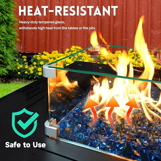 Fire Pit Wind Guard, 23.5" x 7.5" Square Tempered Glass Wind Shield for Firepit & Fire Table, Thick Glass and Easy Installation with Included Tools, Airflow Management for Stable Flame