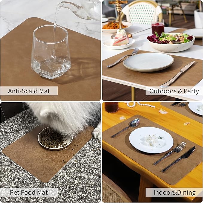 Cowhide Pattern Faux Leather Placemats Set of 6,Heat Resistant Non-Slip Waterproof Wipeable Washable Kitchen Dining PU Table Place Mats,Double-Sides Available,Light Coffee