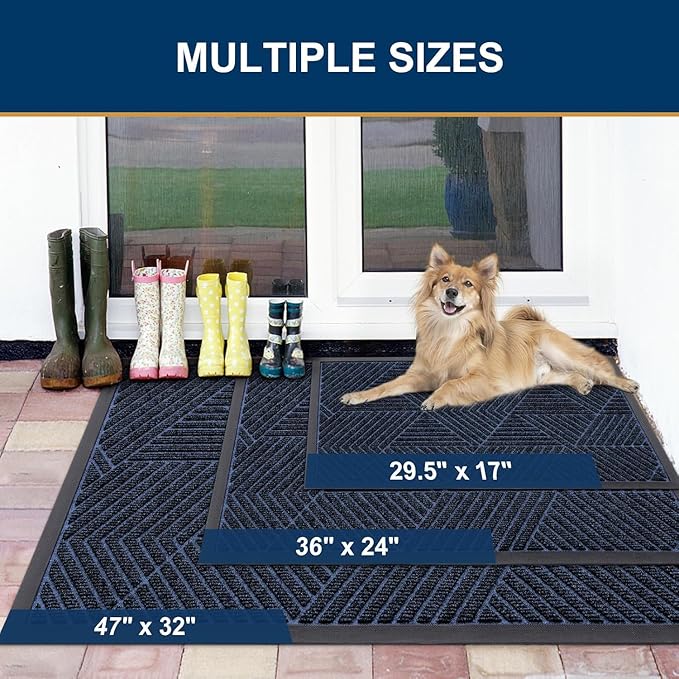 Smiry Front Door Mat Outside Entrance, Heavy Duty Sturdy Natural Rubber Doormat, Trap Dirt and Moisture, Easy Clean Low Profile Mats for Indoor Outdoor Entry, Irregular Triangle (59x35, Navy Blue)