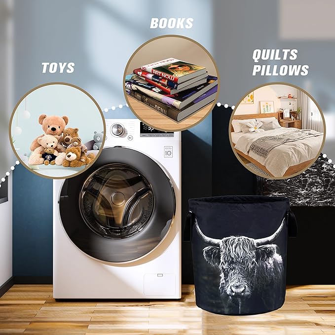 Highland Cow Laundry Basket Animal Foldable Oxford Cloth Funny Tote Bag Laundry Hamper Clothes Storage Bucket Organizer For Bathroom/Laundry Storage/Bedroom Storage Basket 17.7x13.7Inch