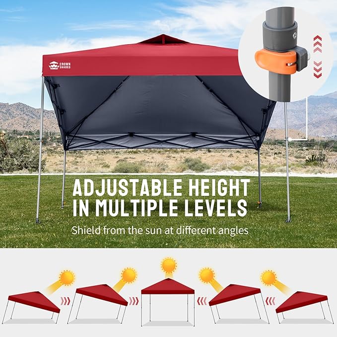 CROWN SHADES Adjustable Height on The Fly, 10x10 Pop Up Canopy - Beach Tent with One Push Setup - Easy Outdoor Sun Shade for Events, Parties, Camping - Outside Shade with STO-N-Go Bag, Red