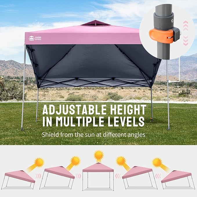 CROWN SHADES Adjustable Height on The Fly, 10x10 Pop Up Canopy - Beach Tent with One Push Setup - Easy Outdoor Sun Shade for Events, Parties, Camping - Outside Shade with STO-N-Go Bag, Pink