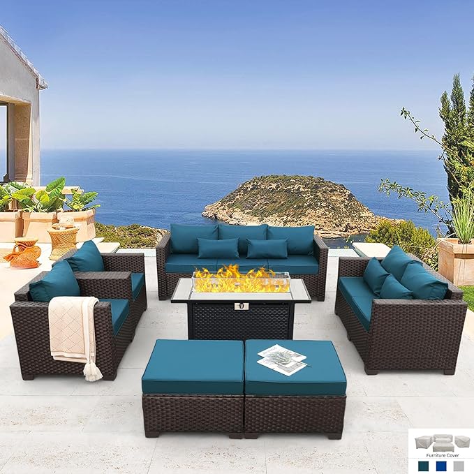 Patio Furniture Set 7 PCS Outdoor Patio Furniture with Propane Fire Pit Table Outdoor Couch Patio Chairs Outdoor Conversation Set with Peacock Blue Non-slip Cushions and Waterproof Covers