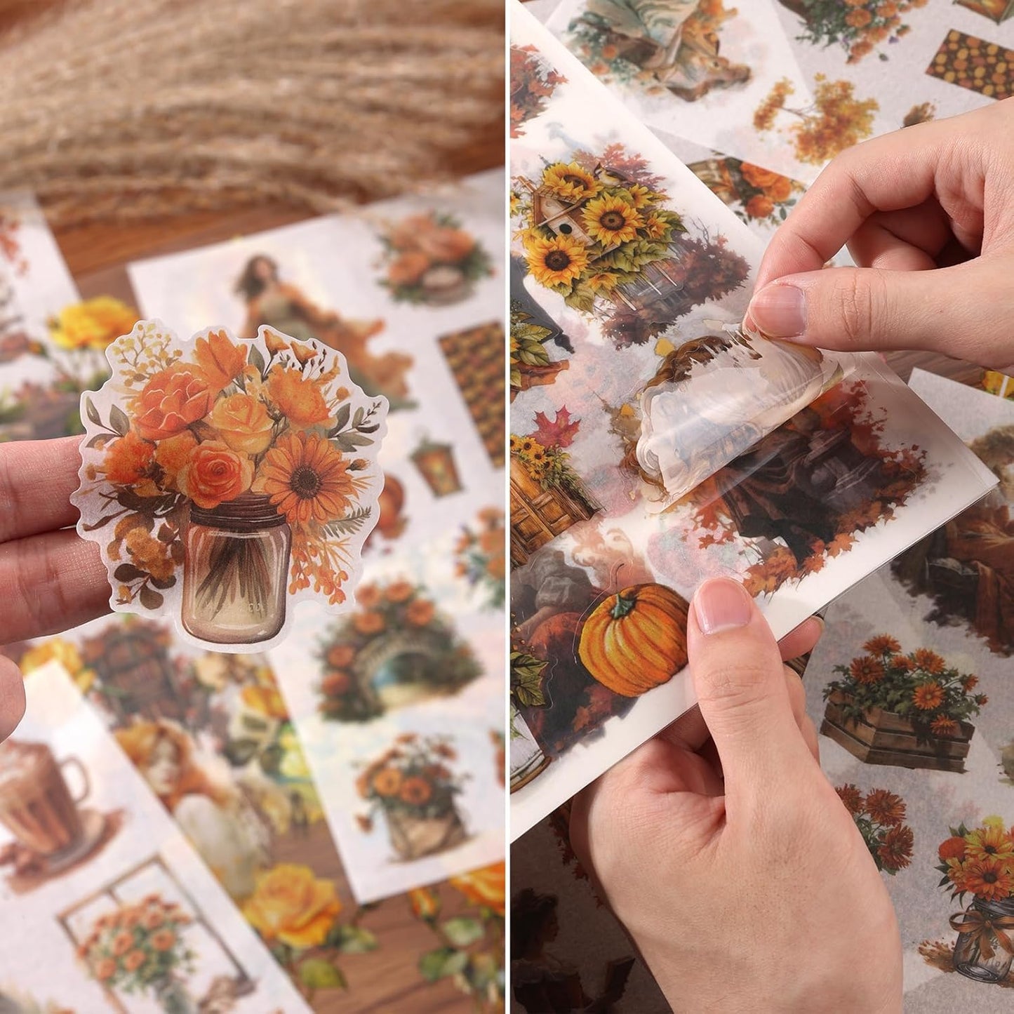 Scrapbook Stickers 20 Sheets 240 Pre-Cut Washi Stickers for Journaling PET Transparent Book Sticker Sunflower Sticker Decorative or DIY Paper Crafts, Arts and Crafting Projects