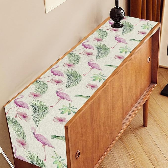 Flamingo Table Runner,Spring Summer Tropical Floral Green Palm Leaves Hawaiian Luau Watercolor Table Center Decor for Family Kitchen Living Room Farmhouse Party Table Decorations, 13"x108"