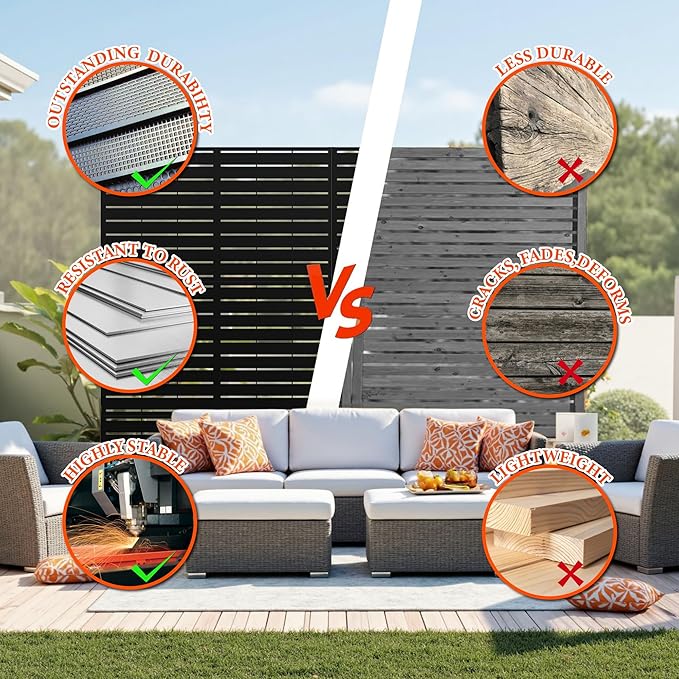 GarveeLife Metal Privacy Screen 72" h x 47" w, Outdoor Privacy Screens and Panels, Freestanding Decorative Fence for Patio Lawn Garden Deck Balcony, 3-Panel with Stand for Outdoor & Indoor Use