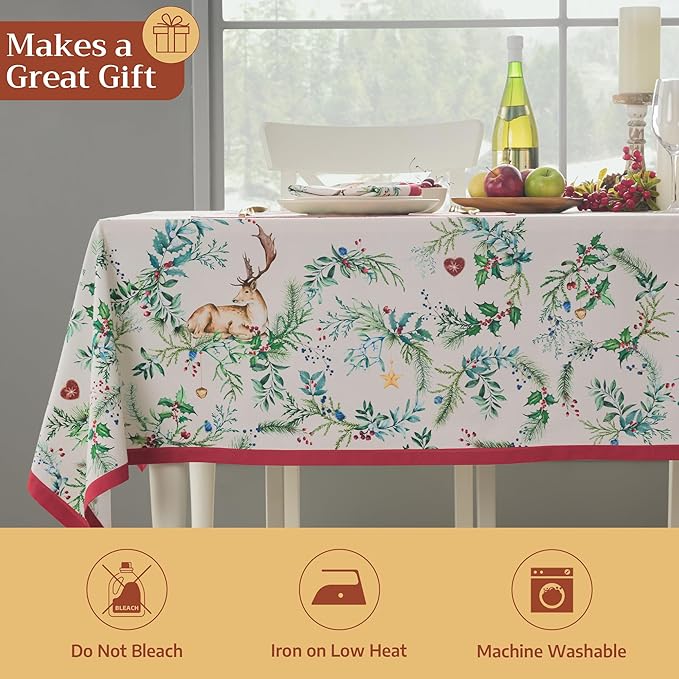 Maison d' Hermine Table Cloth Rectangle Table 100% Cotton 54 x 72 Inches Fall Tablecloth Reusable Everyday Use for Thanksgiving Christmas Decorations Dining Farmhouse Party (Holly Time)